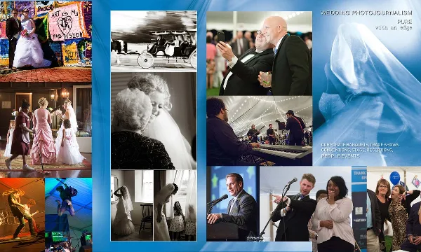 A collage of wedding and event photography samples including a bride and groom, candid portraits, live band performance, and corporate conference scenes.