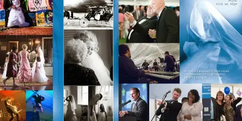 A collage of wedding and event photography samples including a bride and groom, candid portraits, live band performance, and corporate conference scenes.