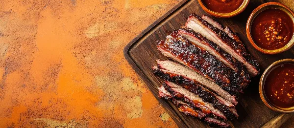 Sliced barbecue brisket on a wooden serving board with small bowls of sauce.