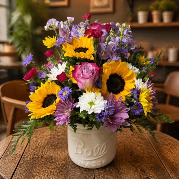 A colorful floral arrangement featuring sunflowers, pink roses, and daisies in a white ceramic jar.