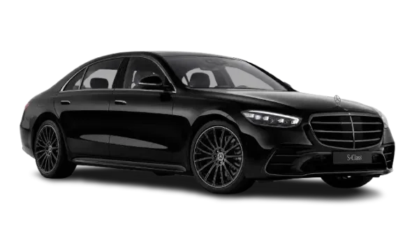 Black Mercedes-Benz S-Class luxury sedan shown in profile against a dark background.