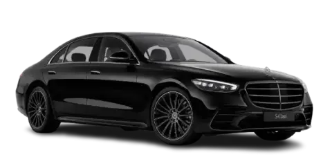 Black Mercedes-Benz S-Class luxury sedan shown in profile against a dark background.