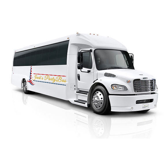 A white shuttle bus with 'Jack's Party Bus' branding on the side.