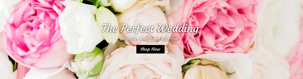 Close-up of pink and white peonies with text overlay 'The Perfect Wedding'