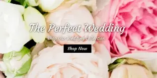 Close-up of pink and white peonies with text overlay 'The Perfect Wedding'