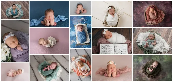 A collage of professional newborn studio portraits featuring babies in various poses and wraps.
