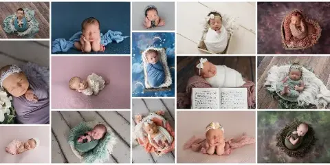 A collage of professional newborn studio portraits featuring babies in various poses and wraps.