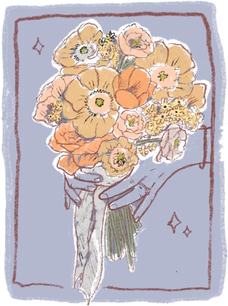 Illustration of a hand holding a wedding bouquet of mixed flowers