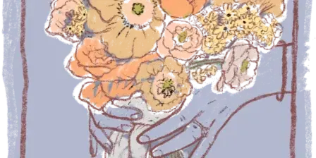 Illustration of a hand holding a wedding bouquet of mixed flowers