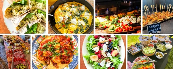 A collage of eight different food dishes, including a charcuterie board, a frittata, a vegetable platter, and a salad.