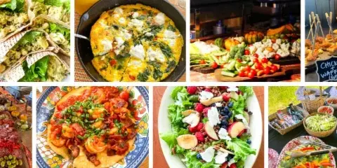 A collage of eight different food dishes, including a charcuterie board, a frittata, a vegetable platter, and a salad.