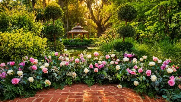 A garden floral arrangement featuring pink and white roses and greenery set against a backdrop of a gazebo and trees.