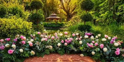 A garden floral arrangement featuring pink and white roses and greenery set against a backdrop of a gazebo and trees.