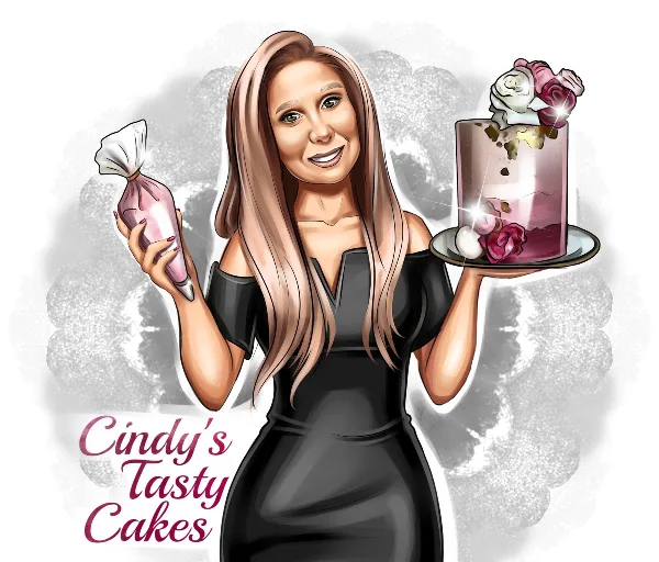Illustration of a woman holding a piping bag and a decorated cake with the text 'Cindy's Tasty Cakes'