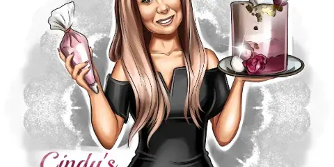 Illustration of a woman holding a piping bag and a decorated cake with the text 'Cindy's Tasty Cakes'