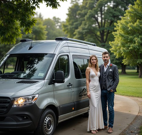 A bride and groom posing in front of a silver Fresh Tracks Transportation shuttle van in a park setting.