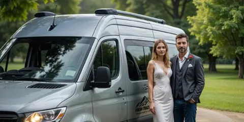 A bride and groom posing in front of a silver Fresh Tracks Transportation shuttle van in a park setting.