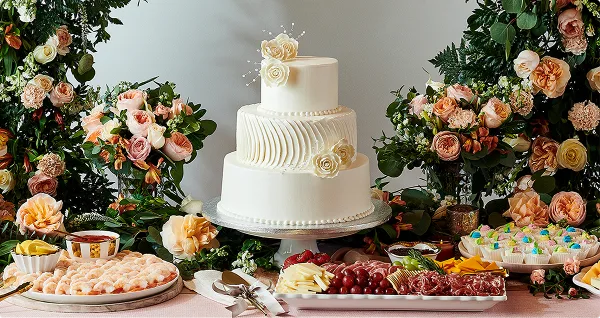 A three-tier white wedding cake with floral details centered between stacked Baked with Love cake and Blackberry Lemon Bliss cake on elegant dessert table.