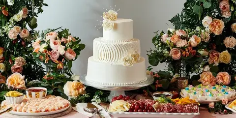 A three-tier white wedding cake with floral details centered between stacked Baked with Love cake and Blackberry Lemon Bliss cake on elegant dessert table.