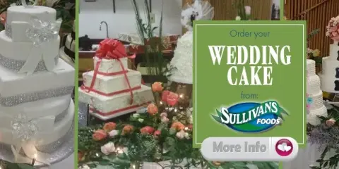 A collage of three different white wedding cakes with floral and ribbon decorations, accompanied by a green graphic that reads 'Order your WEDDING CAKE from: SULLIVAN'S FOODS'.