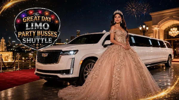 A woman in a formal gown standing next to a white stretch limousine at night.