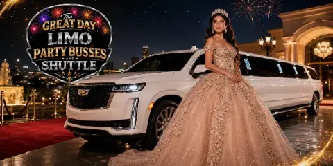 A woman in a formal gown standing next to a white stretch limousine at night.