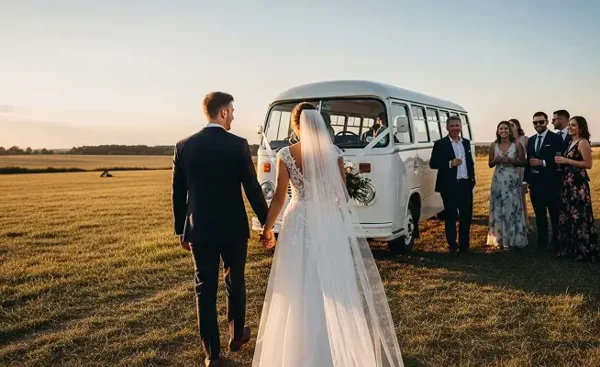 A bride and groom walking toward a white shuttle van with wedding guests standing nearby in a grassy field.