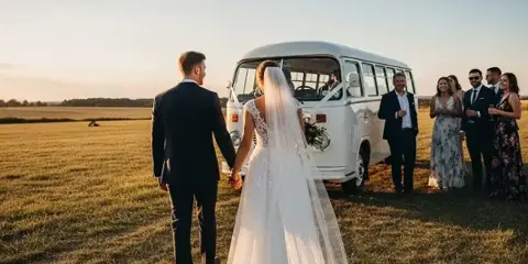 A bride and groom walking toward a white shuttle van with wedding guests standing nearby in a grassy field.