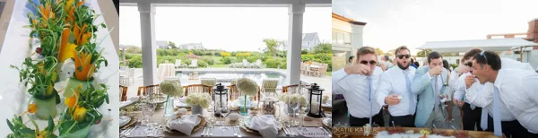 A collage featuring a plated vegetable appetizer, a formal dining table setting with white flowers, and a group of people at an outdoor event.
