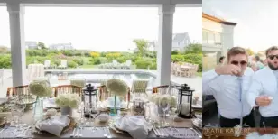 A collage featuring a plated vegetable appetizer, a formal dining table setting with white flowers, and a group of people at an outdoor event.