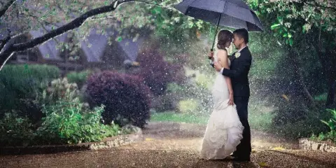 A bride and groom embracing under a black umbrella in a rainy garden setting.