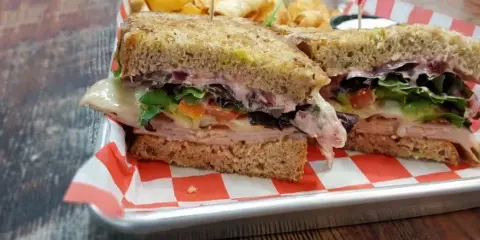 A close-up of a toasted sandwich cut in half, served on a metal tray with red and white checkered paper, accompanied by a side of chips.