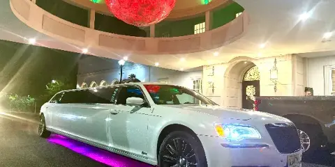 A white stretch limousine parked at a venue entrance with purple underglow lighting.