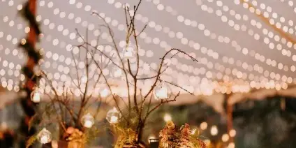 A professionally styled wedding reception table featuring floral centerpieces, candles, and string lights under a tent.