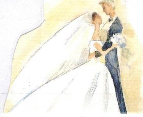 Illustration of a bride and groom embracing in wedding attire
