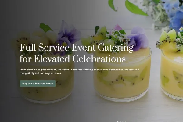 A plated catering dessert featuring kiwi and fruit garnish, displayed under the text 'Full Service Event Catering'.