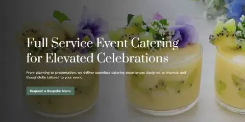 A plated catering dessert featuring kiwi and fruit garnish, displayed under the text 'Full Service Event Catering'.
