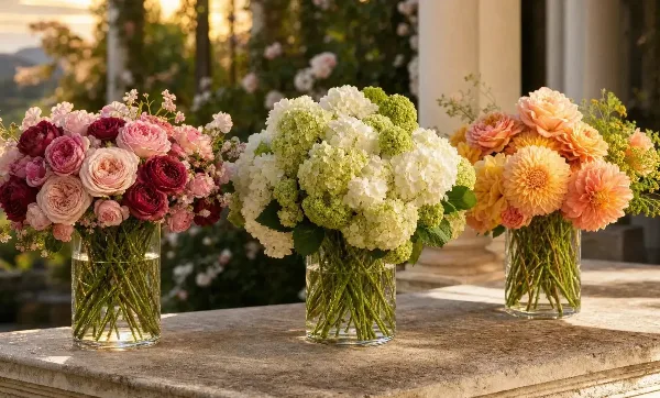 Three fresh floral bouquets in glass vases arranged on a stone ledge