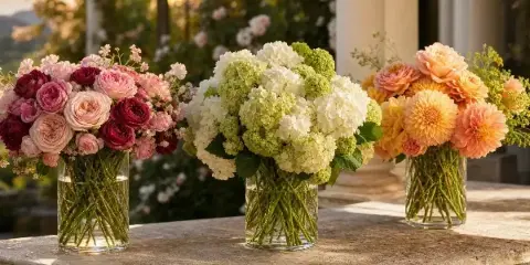 Three fresh floral bouquets in glass vases arranged on a stone ledge