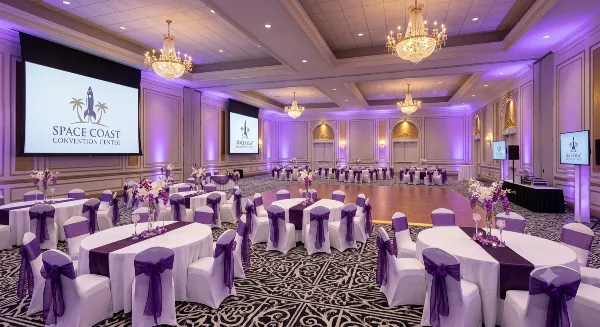 A large indoor ballroom set up for a wedding reception with round tables, purple chair sashes, floral centerpieces, and a wooden dance floor.
