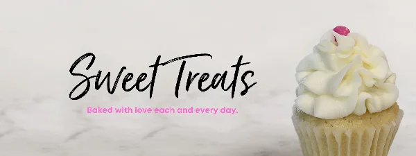A close-up of a vanilla cupcake with white frosting and a pink candy topping, set against a white marble background with the text 'Sweet Treats'.