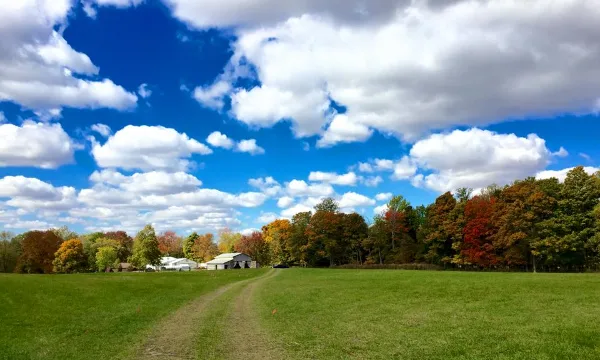A wide shot of a rural property featuring a large green field, a dirt path, and a barn in the distance under a blue sky with clouds.