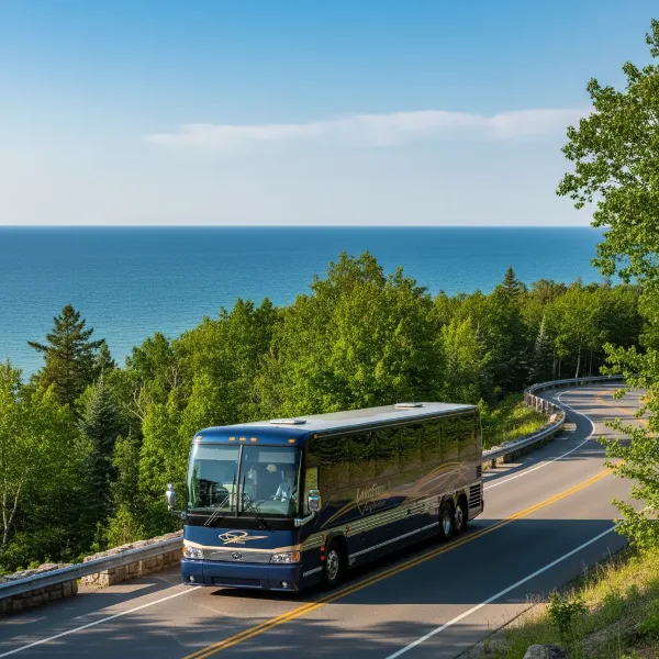 A dark blue luxury motorcoach bus driving along a scenic coastal highway with a large body of water in the background.