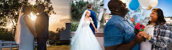 Collage of wedding and engagement photographs featuring couples at sunset, a bride and groom walking, and a proposal scene with flowers and balloons.