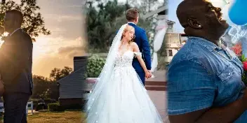 Collage of wedding and engagement photographs featuring couples at sunset, a bride and groom walking, and a proposal scene with flowers and balloons.