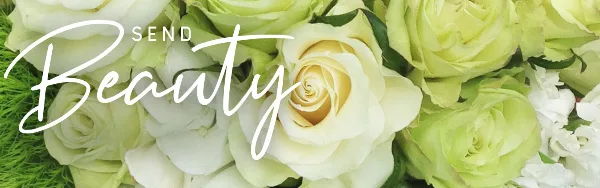 Close-up photograph of white and green roses with the text 'SEND Beauty' overlaid.