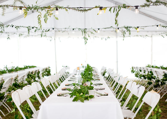 A long white reception table decorated with greenery and string lights under a white tent.