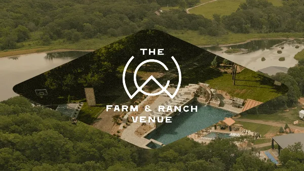 Aerial view of a private ranch venue featuring a swimming pool, a lake, and surrounding greenery.