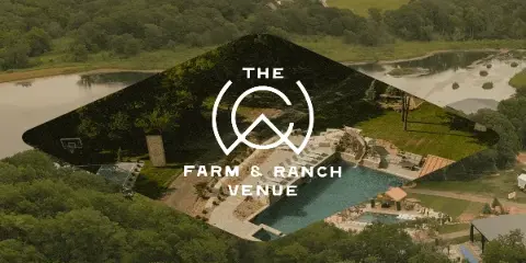 Aerial view of a private ranch venue featuring a swimming pool, a lake, and surrounding greenery.