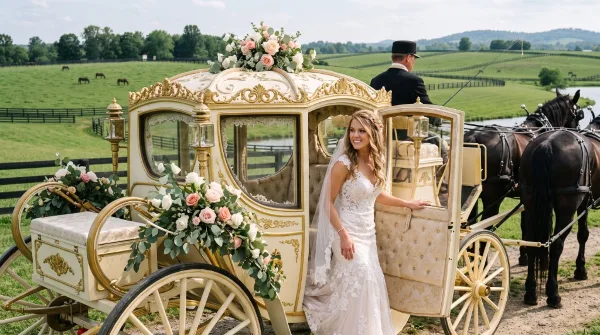 A bride in a white wedding dress stands beside a gold and white horse-drawn carriage in a green pasture.